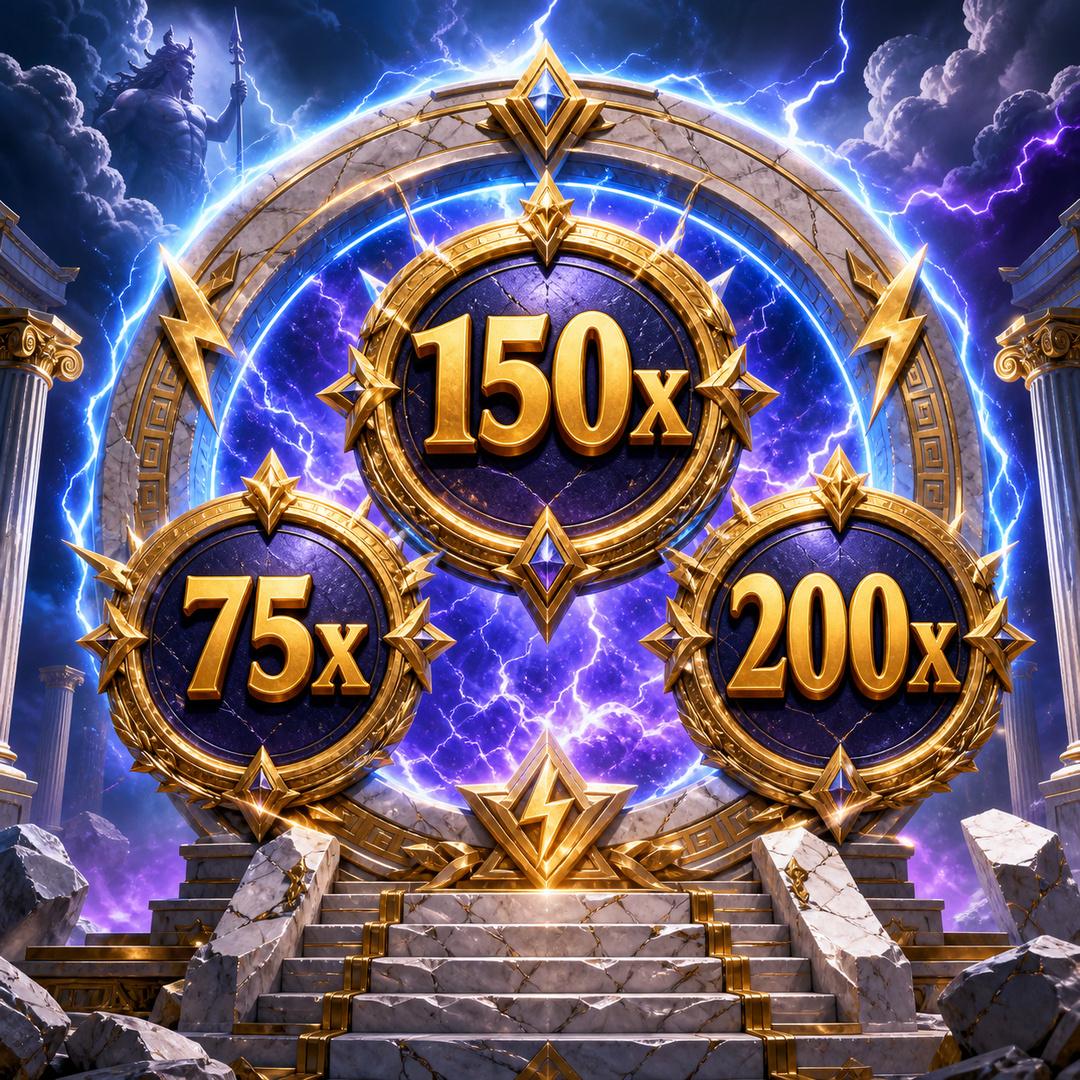 Gold 75x, 150x and 200x reward medallions in an electric violet game portal
